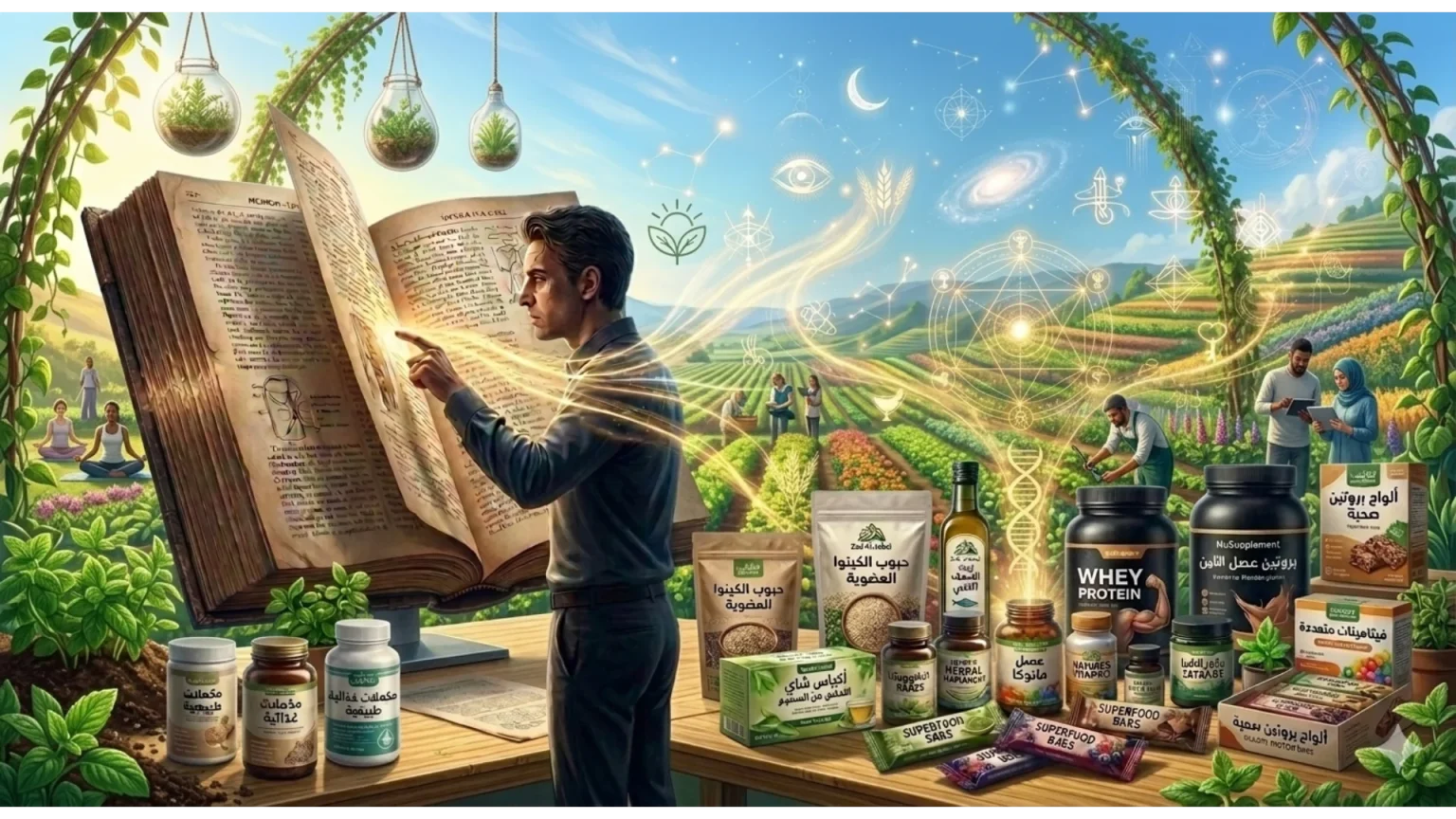 رسم توضيحي لرجل يقرأ في كتاب علمي ضخم تنبثق منه خطوط طاقة حيوية نحو حقول زراعية ومنتجات غذائية ومكملات طبيعية عضوية معروضة على طاولة مختبر